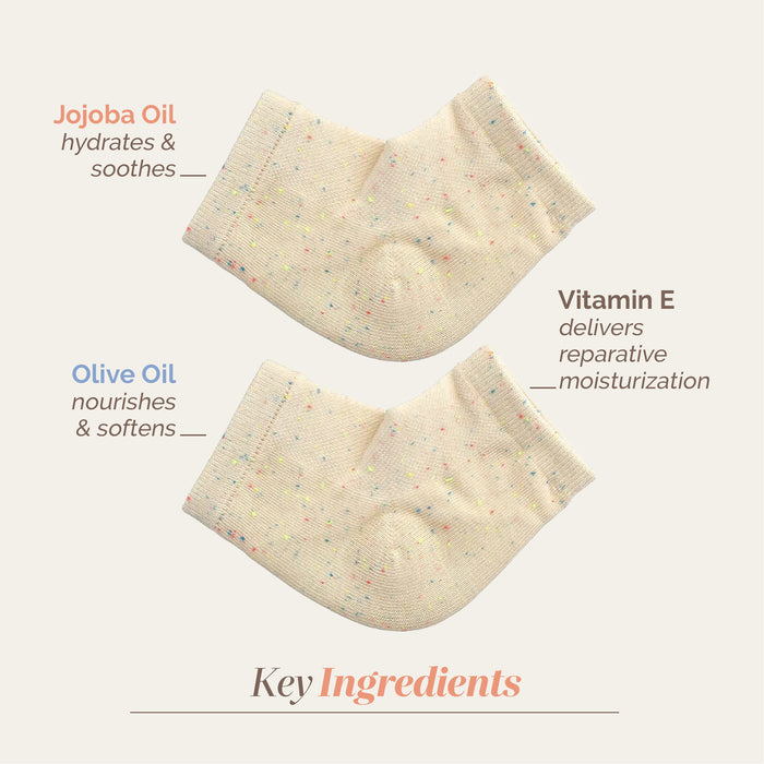 Two pairs of LONDONTOWN Pedi Perfect Lightweight Heel Socks are shown, featuring moisture-locking jojoba oil, nourishing olive oil, and reparative vitamin E—ideal for advanced heel care.