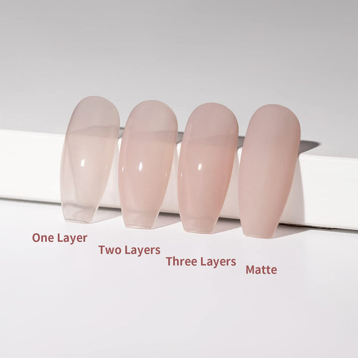 Different layers effect comparison 1 layer 2 layers 3 layers matte finish sheer rose nude buildable opacity on nail tips