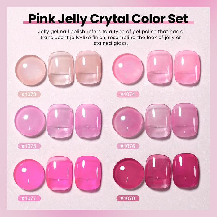 Pink jelly crystal gel polish set 1073-1078 showing 6 translucent pink shades from nude to deep rose, TPO HEMA free