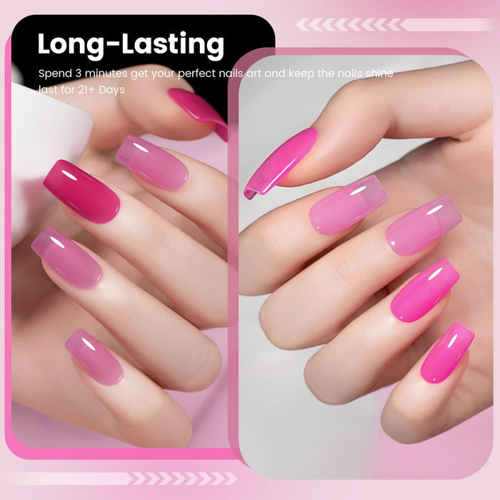 Long-lasting 21+ days pink jelly gel polish on square nails showing gradient from light to hot pink colors