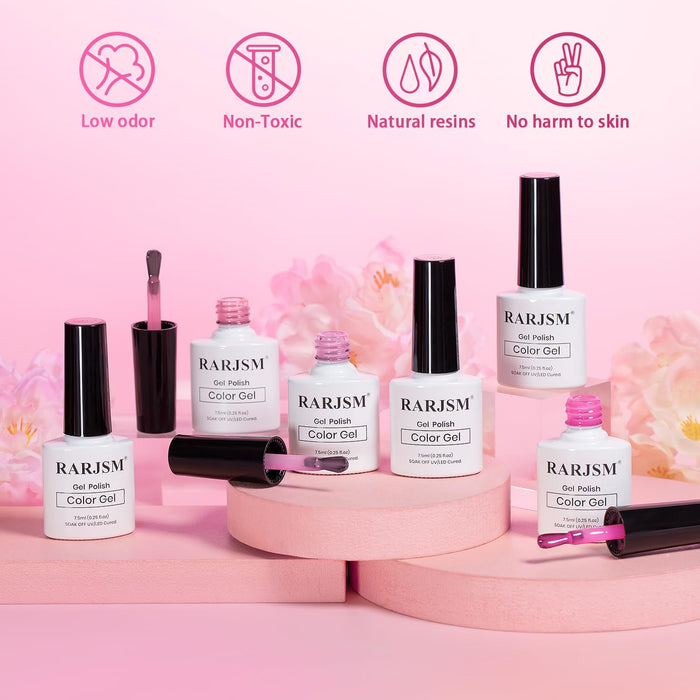 RARJSM 6-piece pink jelly crystal gel polish set with low odor, non-toxic, natural resins, no harm to skin features