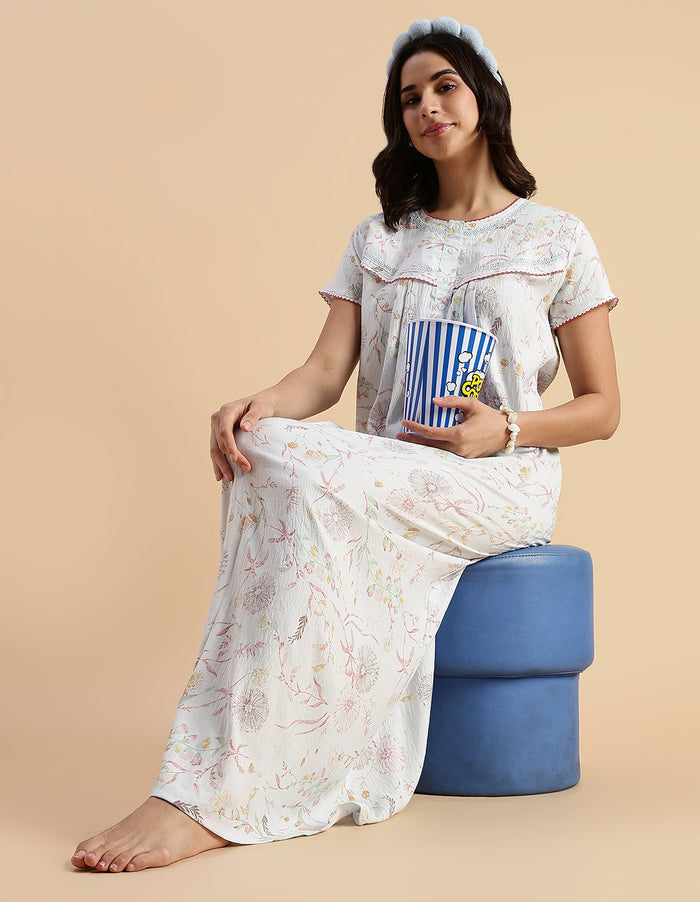 Pastel Blue Floral Crush Cotton Best Nighty For Women