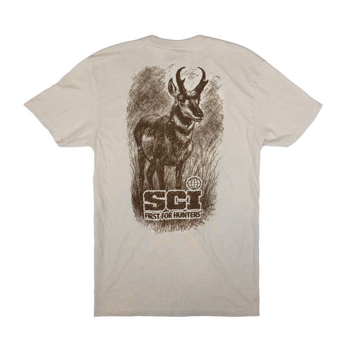 A crewneck t-shirt shown from the back, featuring a large charcoal graphic print of a pronghorn with the text 'SCI FIRST FOR HUNTERS'