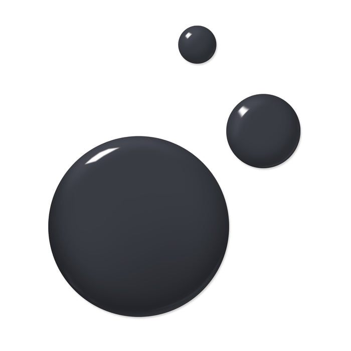Three black paint splatters of varying sizes are on a white background, reminiscent of the elegant contrast found in LONDONTOWN's vegan cruelty-free nail polish, Put the Kettle On.