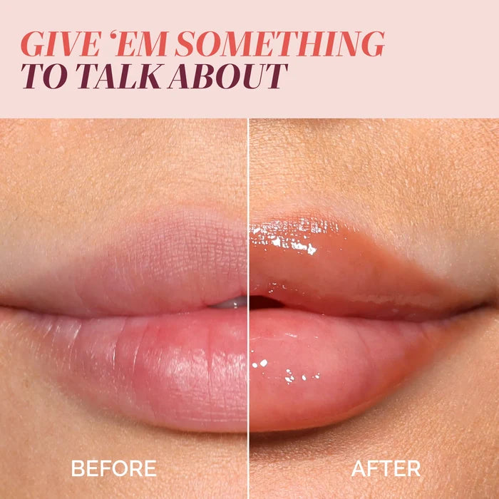 Close-up of lips before and after LONDONTOWN Quench Glow Buttery Lip Oil - Au Naturale: matte on the left, plush shine on the right. Text reads: "GIVE 'EM SOMETHING TO TALK ABOUT.