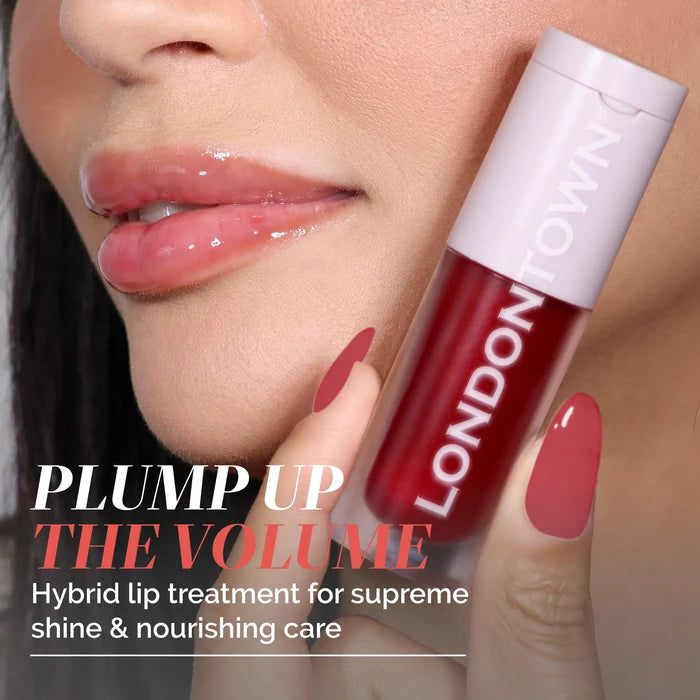 Close-up of a woman holding a tube of LONDONTOWN Quench Glow Buttery Lip Oil - Berry Glaze near her glossy lips, with text overlay highlighting deep hydration and plush shine for the ultimate lip care.