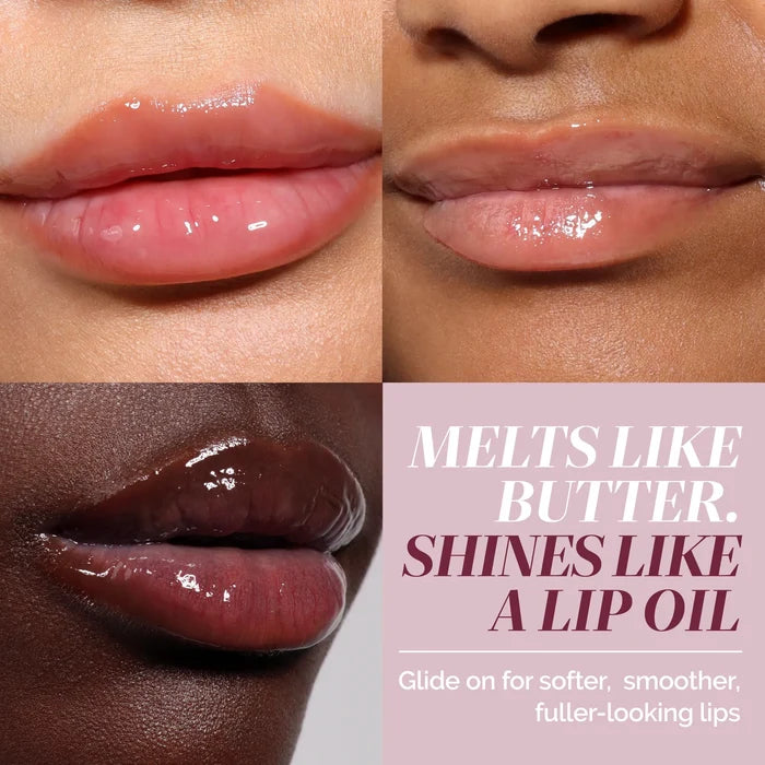 Close-up of three lips wearing LONDONTOWN Quench Glow Buttery Lip Oil in Berry Glaze; text reads "Melts like butter. Shines with plush shine. Glide on for softer, smoother, fuller-looking lips and a wash of color.