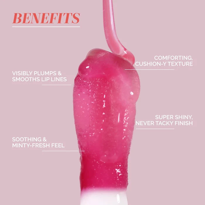 Close-up of LONDONTOWN’s Quench Glow Buttery Lip Oil in Berry Glaze on an applicator, with text highlighting its deep hydration, plumping, smoothing, soothing, shiny finish, and comfortable wear.