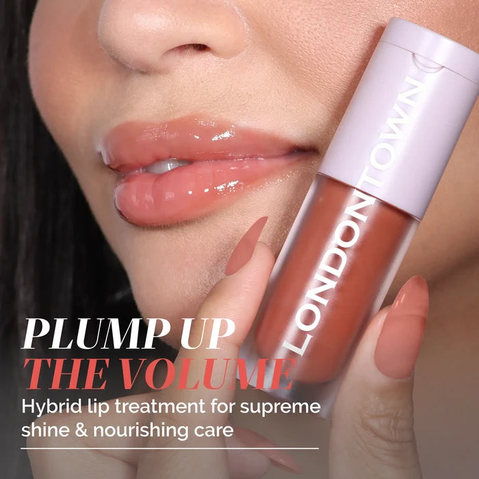 A close-up of glossy lips holding LONDONTOWN Quench Glow Buttery Lip Oil - Honeyed, with text highlighting plush shine, plumpness, and nourishing care for deep hydration.