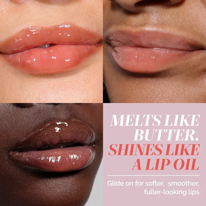 Close-up of three people’s glossy lips in different skin tones with text: "LONDONTOWN Quench Glow Buttery Lip Oil - Honeyed melts on contact, deeply hydrates, and shines like a lip oil for softer, smoother, fuller-looking lips.