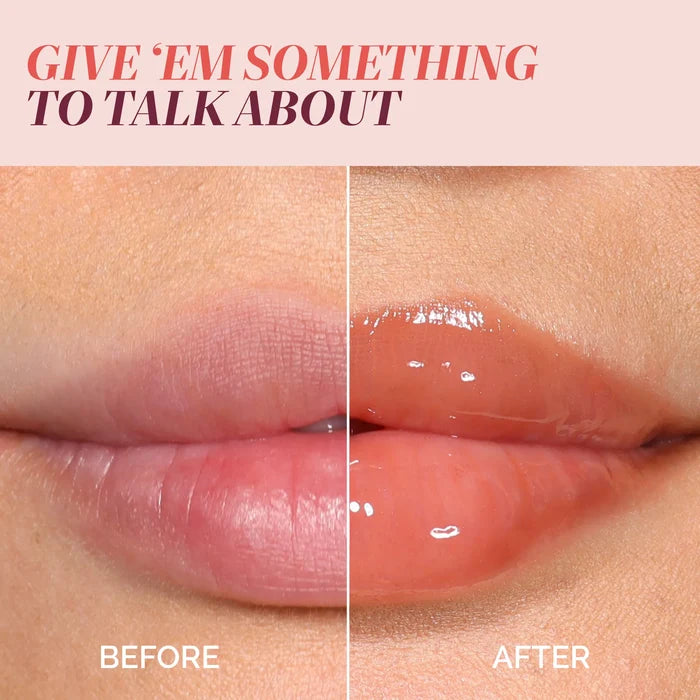Close-up of lips: the left is natural, the right shines with LONDONTOWN Quench Glow Buttery Lip Oil in Honeyed. Text above: "Give 'Em Something to Talk About.