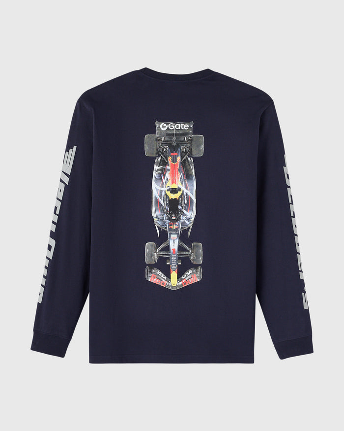 Navy long-sleeve tee with Red Bull Racing RB21 formula car graphic on back and text down sleeves.