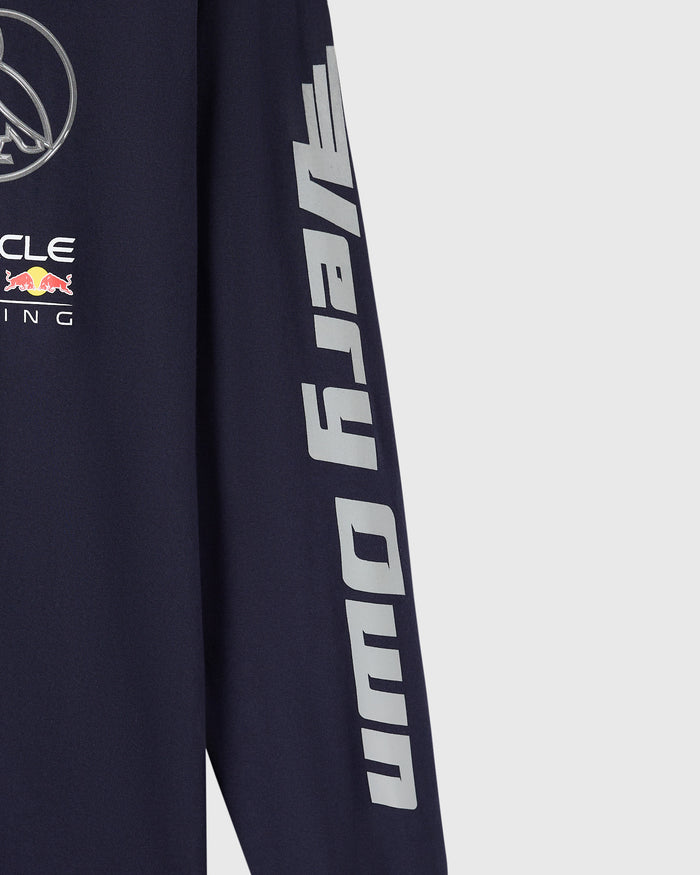 Navy long-sleeve tee with Red Bull Racing branding and gray text down the sleeve.