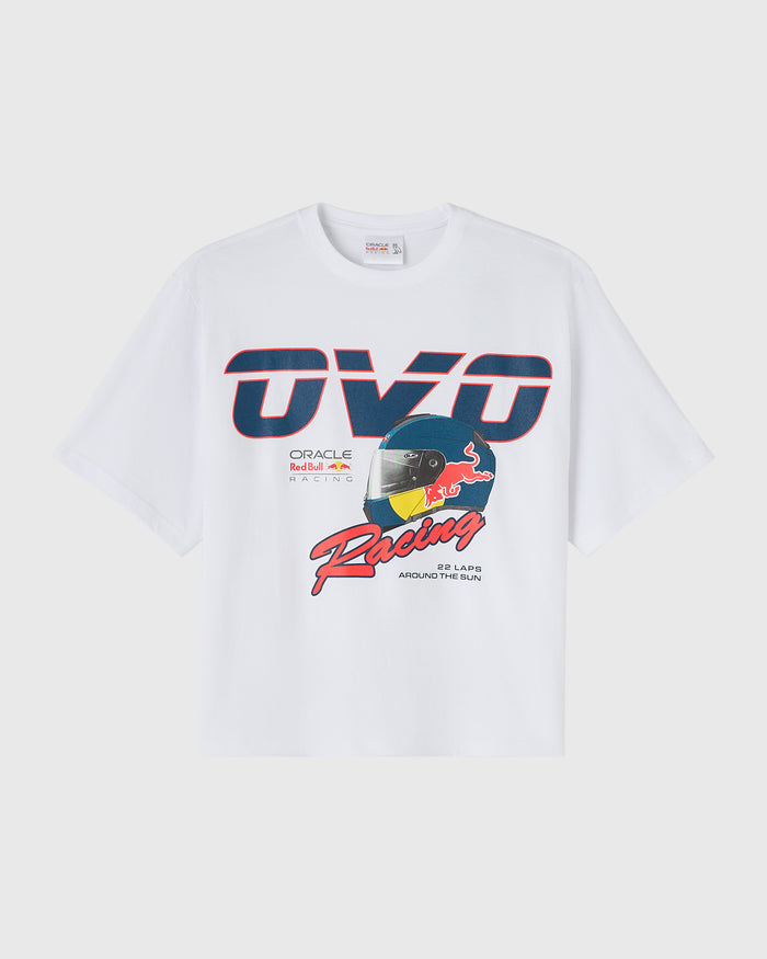 White t-shirt with Red Bull Racing graphic featuring OVO logo, racing helmet, and text on front.