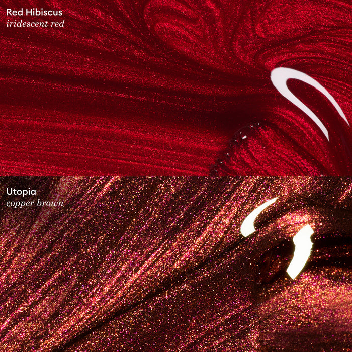 Close-up of two shimmering gel polishes by Manucurist: Red Hibiscus, an iridescent red shade with swirling highlights, shown above a copper brown called Utopia.