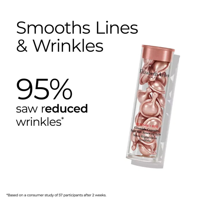 Retinol Ceramide Capsules smooths lines and wrinkles. 95% saw reduced wrinkles* *Based on a consumer study of 57 participants after 2 weeks.