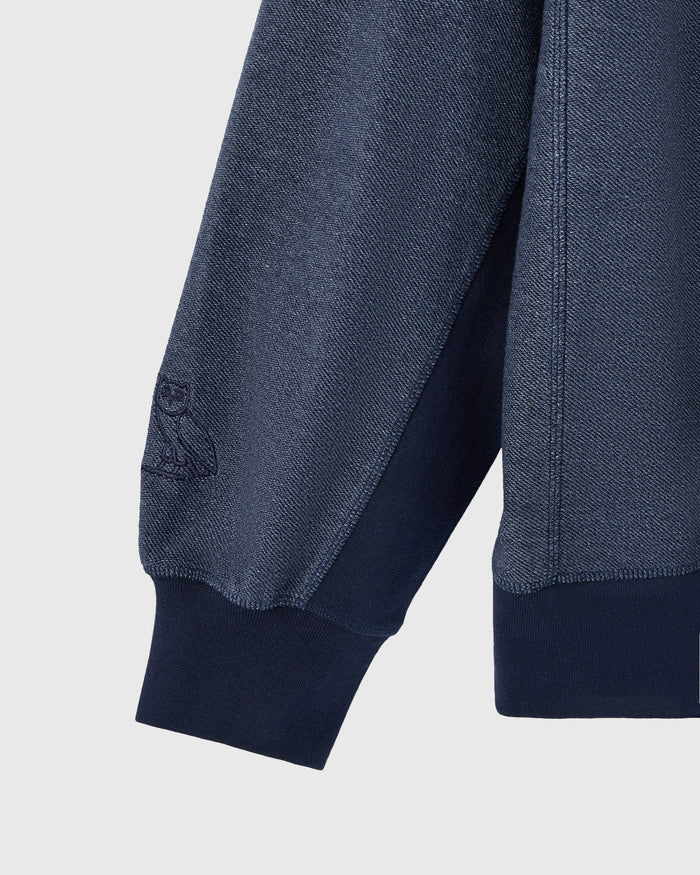 Royal navy crewneck sweatshirt with textured reverse French terry fabric and ribbed cuffs.