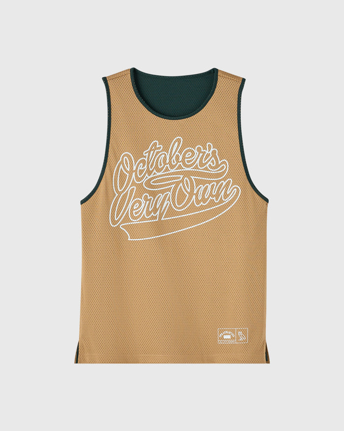 Camel and dark green mesh basketball jersey with white script text on front, reversible design.