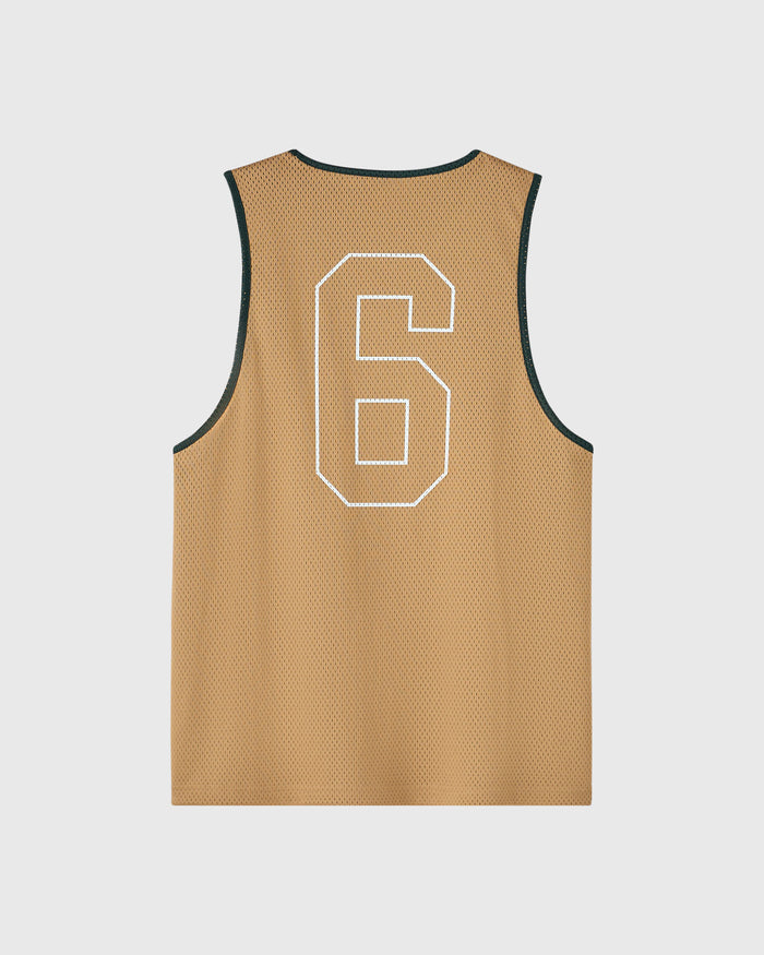 Camel mesh basketball jersey with white outlined number 6 and navy trim on sleeves.