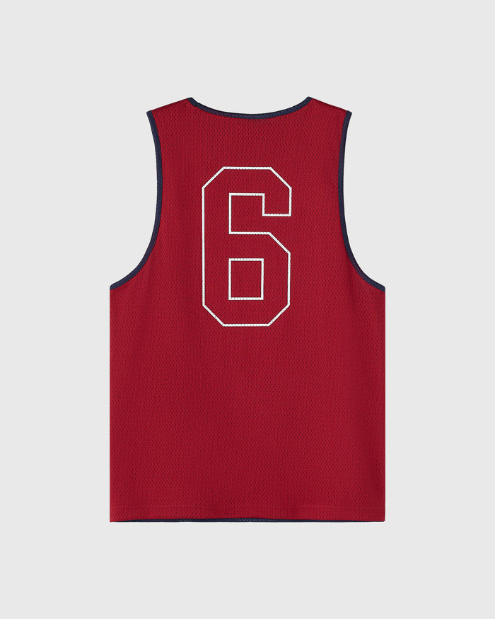 Deep red mesh basketball jersey with white outlined number 6 and navy blue trim.