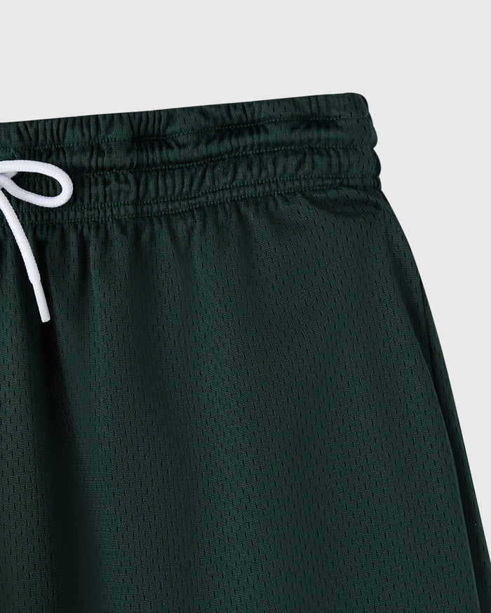 Dark green mesh shorts with elastic waistband and white drawstring.