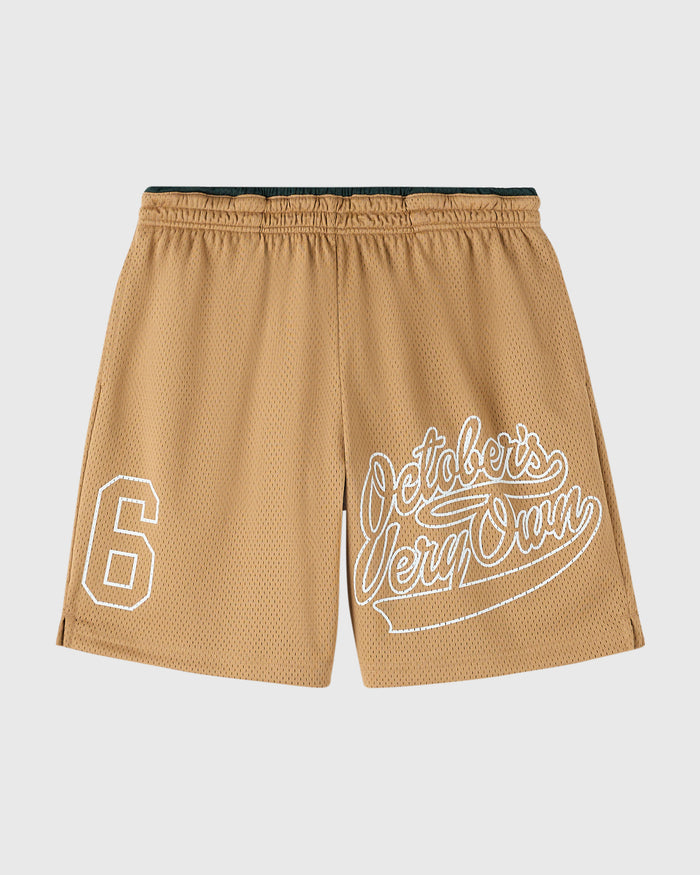 Camel mesh shorts with white embroidered number 6 and "Oettolets VeryOad" text, elastic waistband with dark trim.