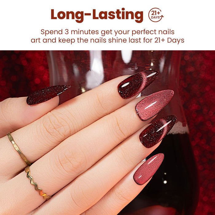 Long-lasting wine burgundy plum shimmer magnetic cat eye gel polish professional salon quality chip-resistant