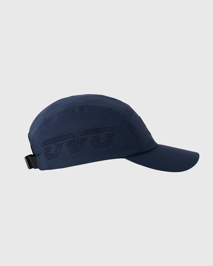 Midnight blue 5-panel cap with perforated design and black back strap closure.
