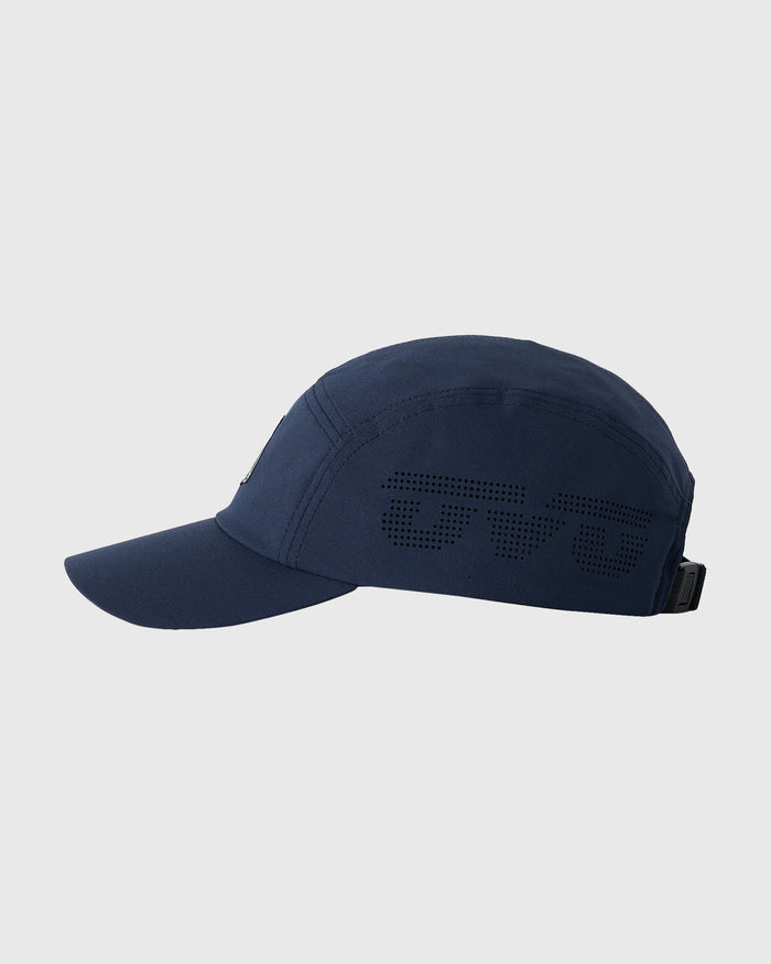 Midnight blue 5 panel cap with perforated ventilation pattern and rear adjustable strap.
