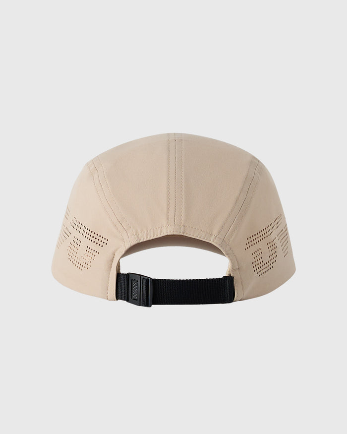 Sandstone 5-panel cap with perforated side panels and black adjustable back strap.