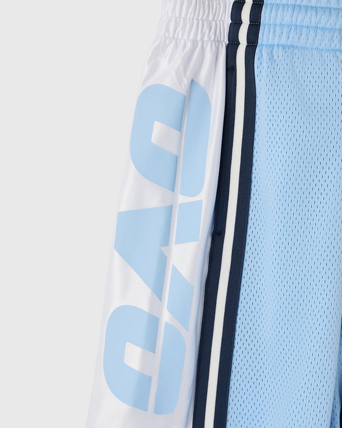 Light blue basketball short with white mesh side panel and navy stripe trim.