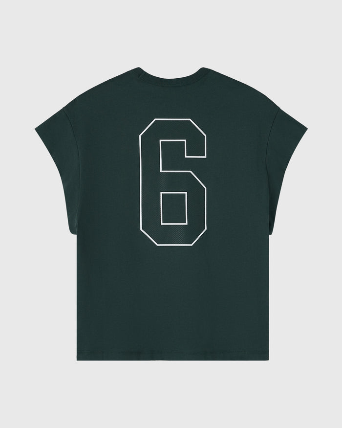 Midnight green sleeveless muscle tee with white outlined number 6 print on back.