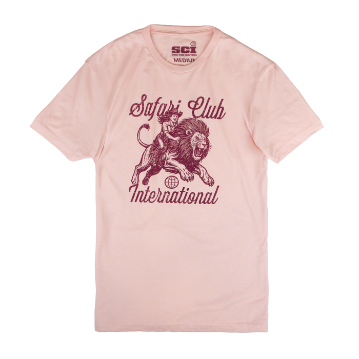 Pink t-shirt with a lion graphic and text on a white background
