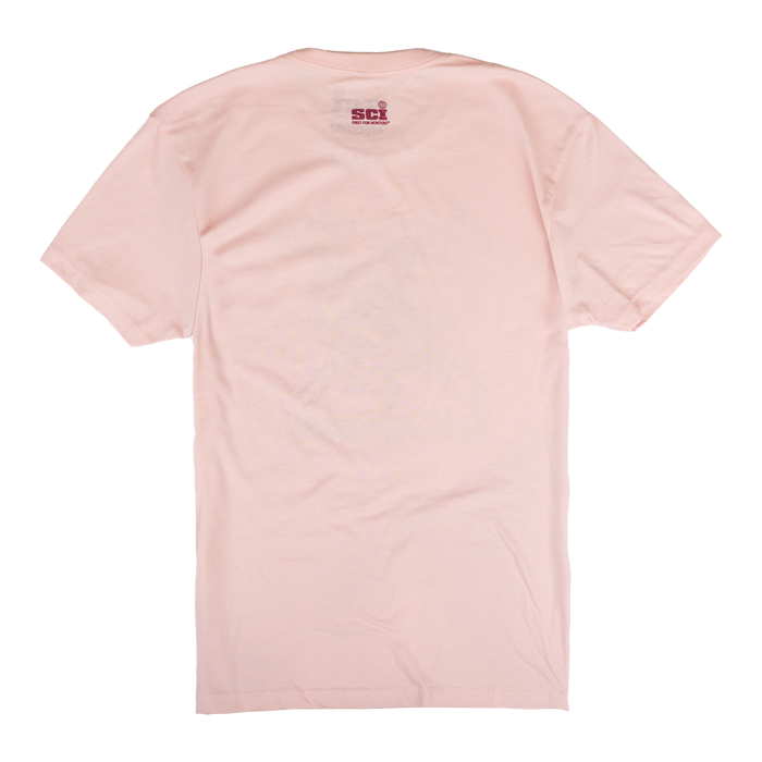 Rear view of pink tee with SCI logo on upper back