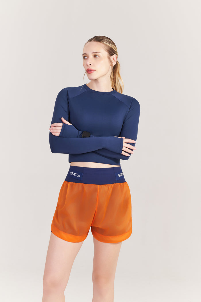 Short Feminino RunPro Marinho com Laranja