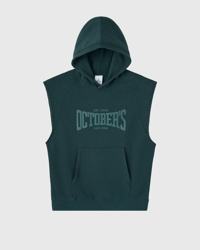 Midnight green sleeveless hoodie with "October's Very Own" text graphic and front kangaroo pocket.