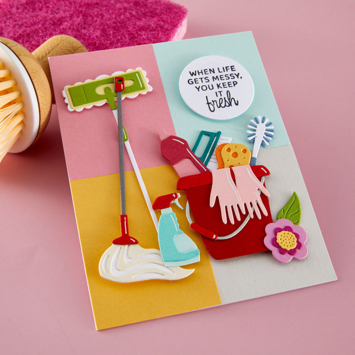 Spellbinders - Die - Squeaky Clean. Mop, Sponge, gloves and bucket. Available at Embellish Away in Bowmanville Ontario Canada. Example by bran ambassador.