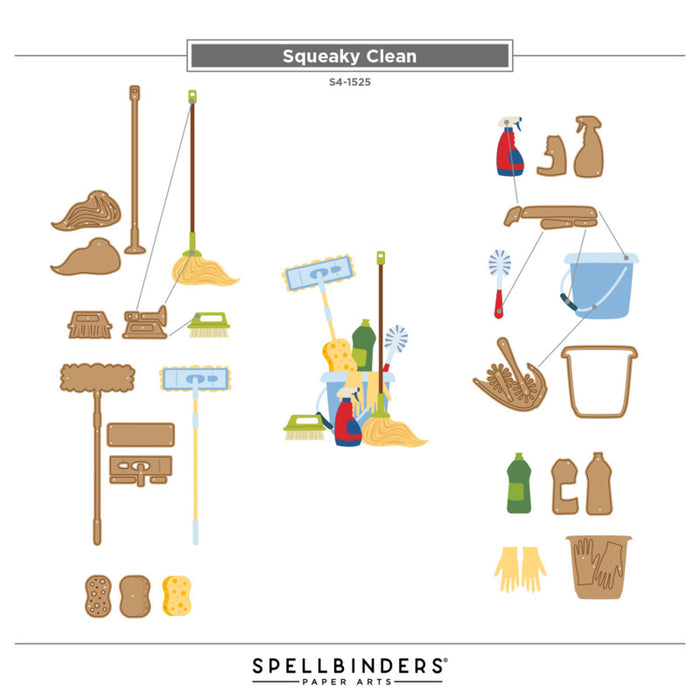 Spellbinders - Die - Squeaky Clean. Mop, Sponge, gloves and bucket. Available at Embellish Away in Bowmanville Ontario Canada. Assembly instructions.