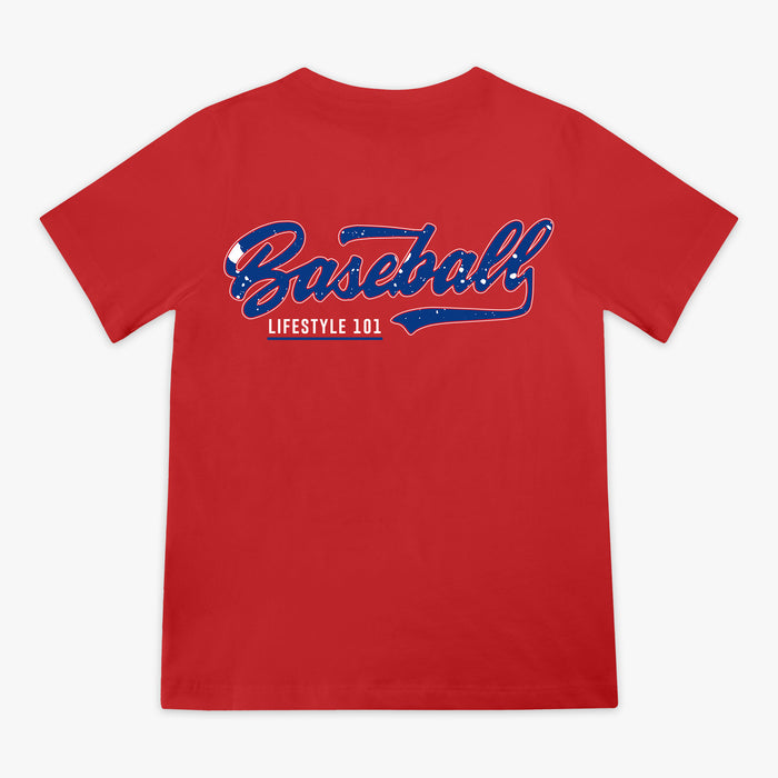 Red youth tee with patriotic navy blue and white Baseball Lifestyle 101 splatter graphic
