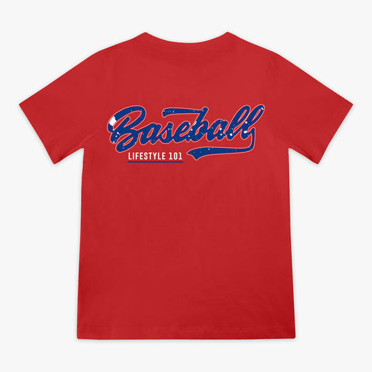 Red youth tee with patriotic navy blue and white Baseball Lifestyle 101 splatter graphic