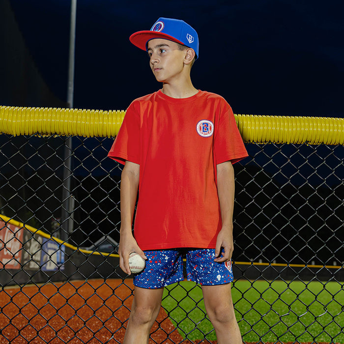 4th of July red, white, and blue baseball tee, patriotic outfit, paint splatter