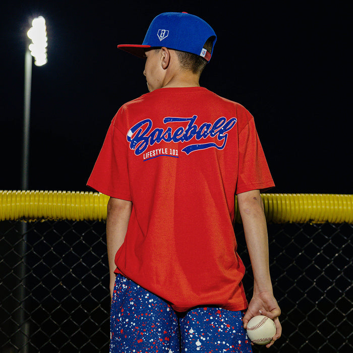 Baseball Lifestyle 101 4th of July red, white, and blue splatter youth tee outfit