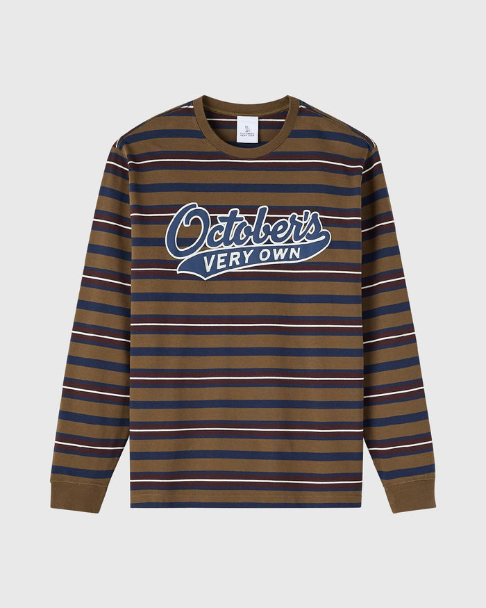 Moss-colored long-sleeve tee with horizontal stripes in navy, burgundy, and white, featuring "October's Very Own" script grap