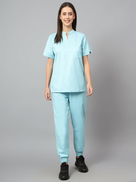 Stretchable (2Way) Women Aqua Blue Mandarin Neck With Jogger Scrub Set