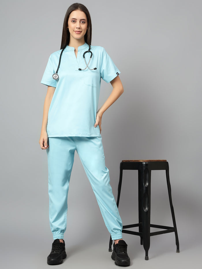 Stretchable (2Way) Women Aqua Blue Mandarin Neck With Jogger Scrub Set