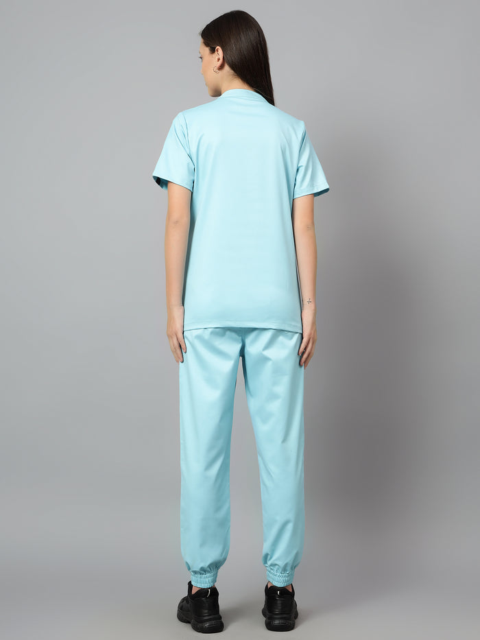 Stretchable (2Way) Women Aqua Blue Mandarin Neck With Jogger Scrub Set