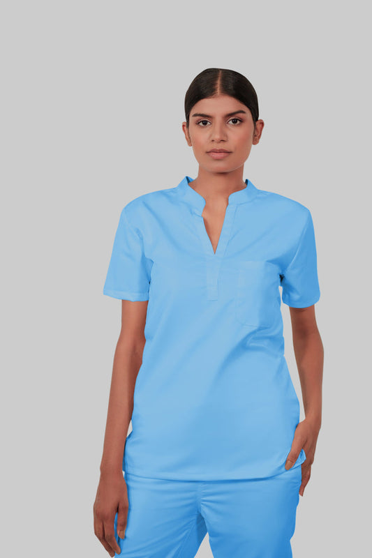 Stretchable (2Way) Women Light Blue Mandarin Neck With Jogger Scrub Scrub Set