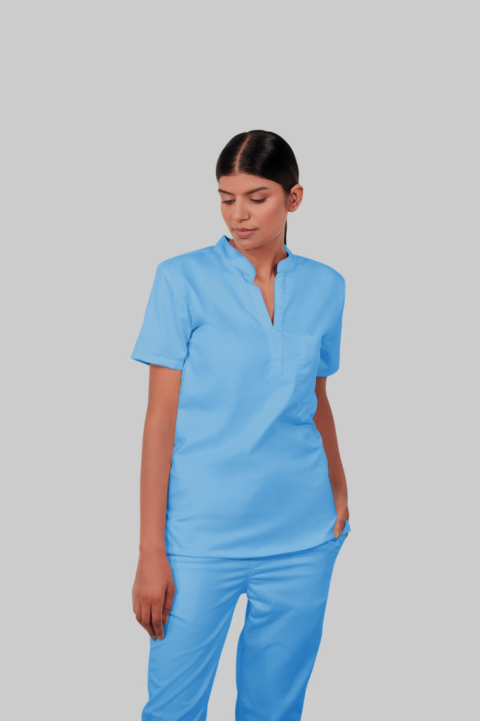 Stretchable (2Way) Women Light Blue Mandarin Neck With Jogger Scrub Scrub Set