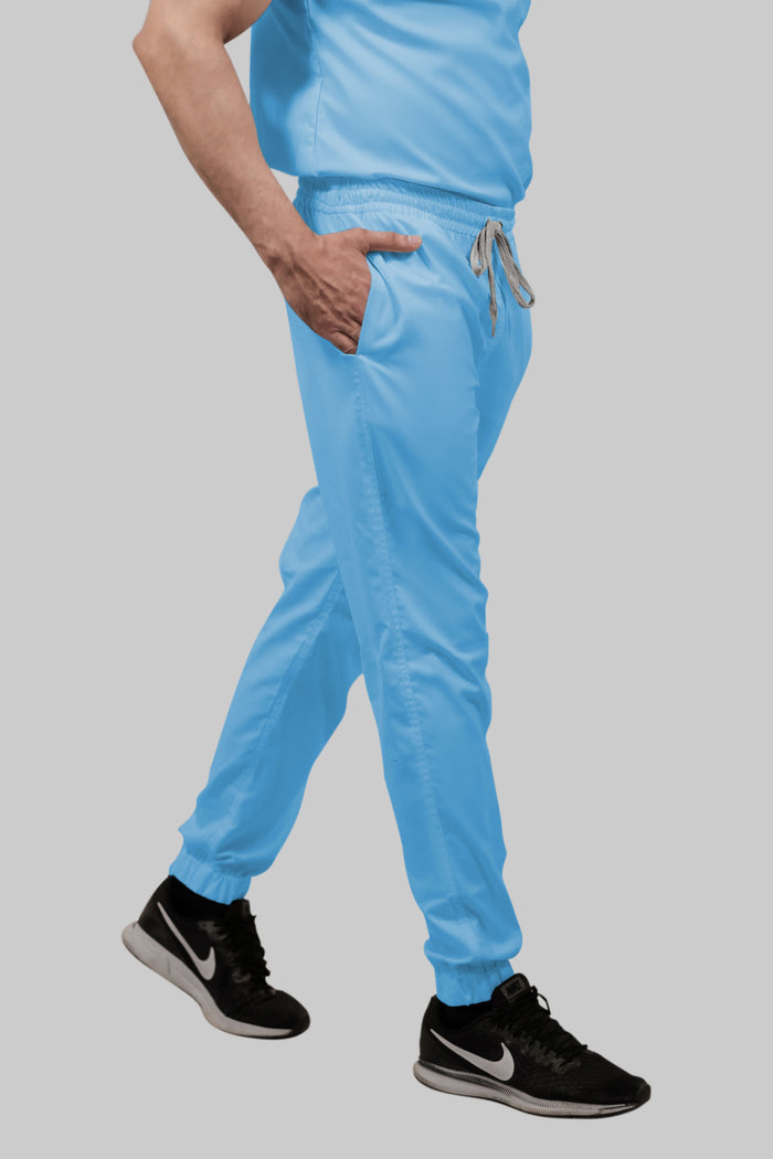 Stretchable (2Way) Women Light Blue Mandarin Neck With Jogger Scrub Scrub Set