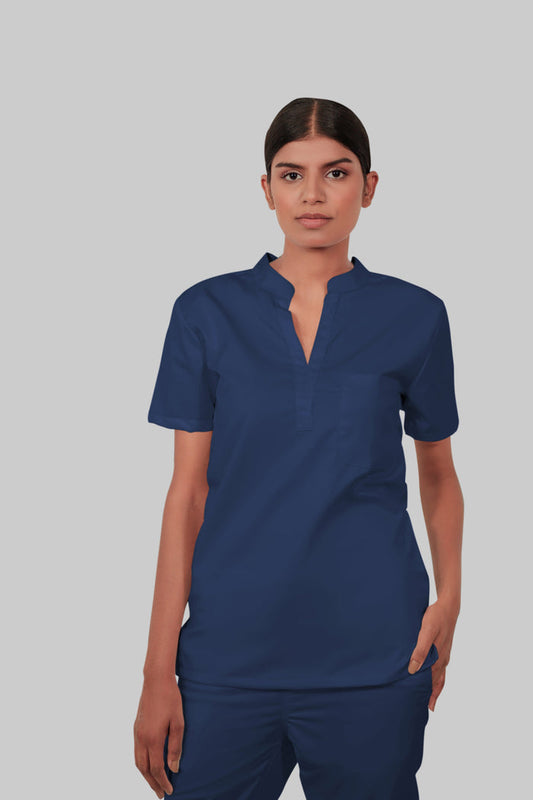 Stretchable (2Way) Women Navy Blue Mandarin Neck With Jogger Scrub Set
